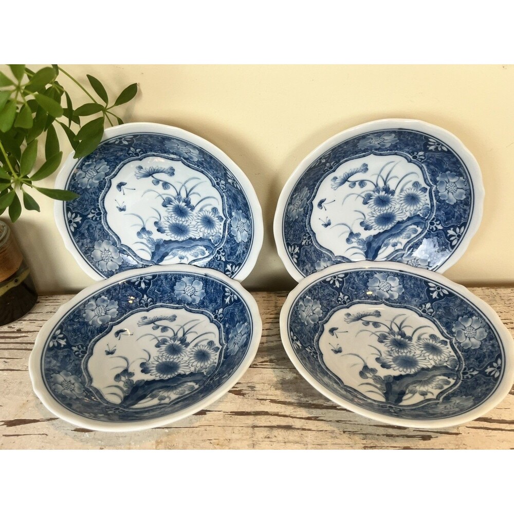 Vintage Japanese Set Of 4 Rice Soup Bowl Blue/White Flowers Design Home Decor